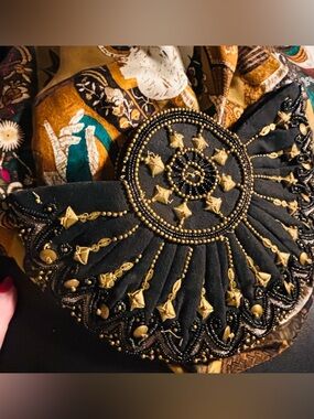 Moyna Beaded Art Deco Sunburst Evening Bag | Black & Gold Statement Clutch #OOAK